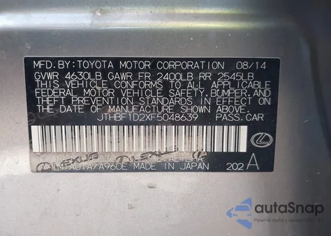 2015 Lexus Is 250 из США, поврежденный, VIN JTHBF1D2XF5048639